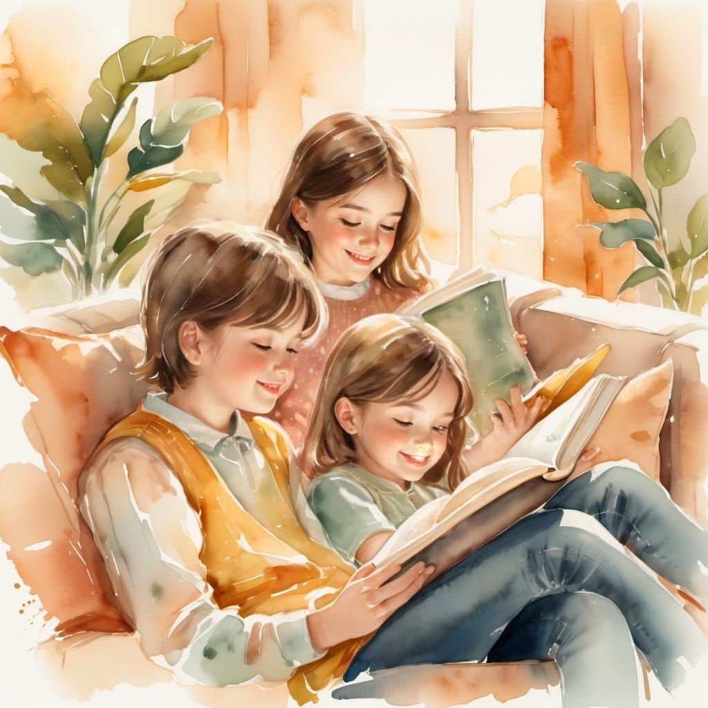 Siblings Reading Together Under Warm Light