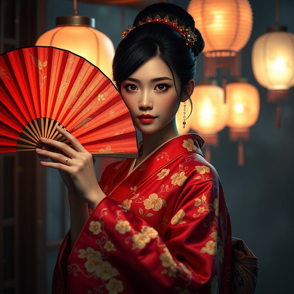 Enigmatic Geisha in Vibrant Kimono with Glowing Lanterns