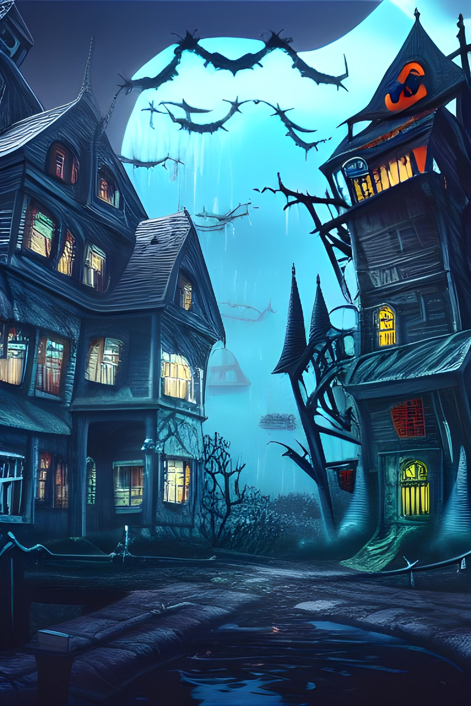 Underwater Halloween Village in Biopunk Horror Style