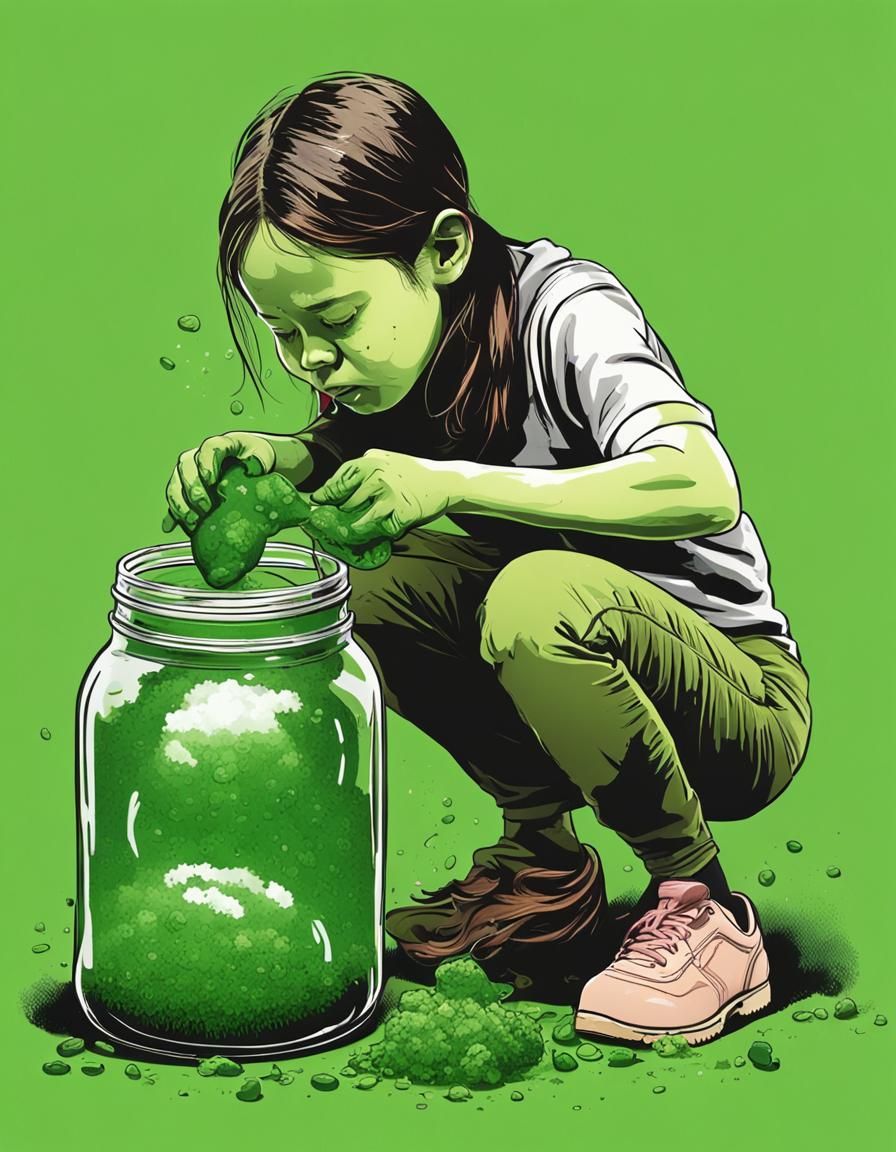 Girl Squats: Maggot in Jar, Green Gas, Realistic Photo