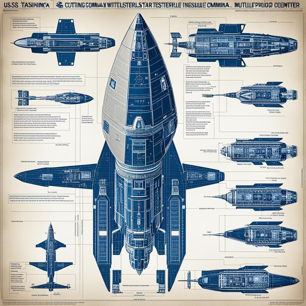 blueprints schematics of USS TASHUNKA WITKO, a cutting-edge interstellar vessel with multiple levels, featuring multiple...