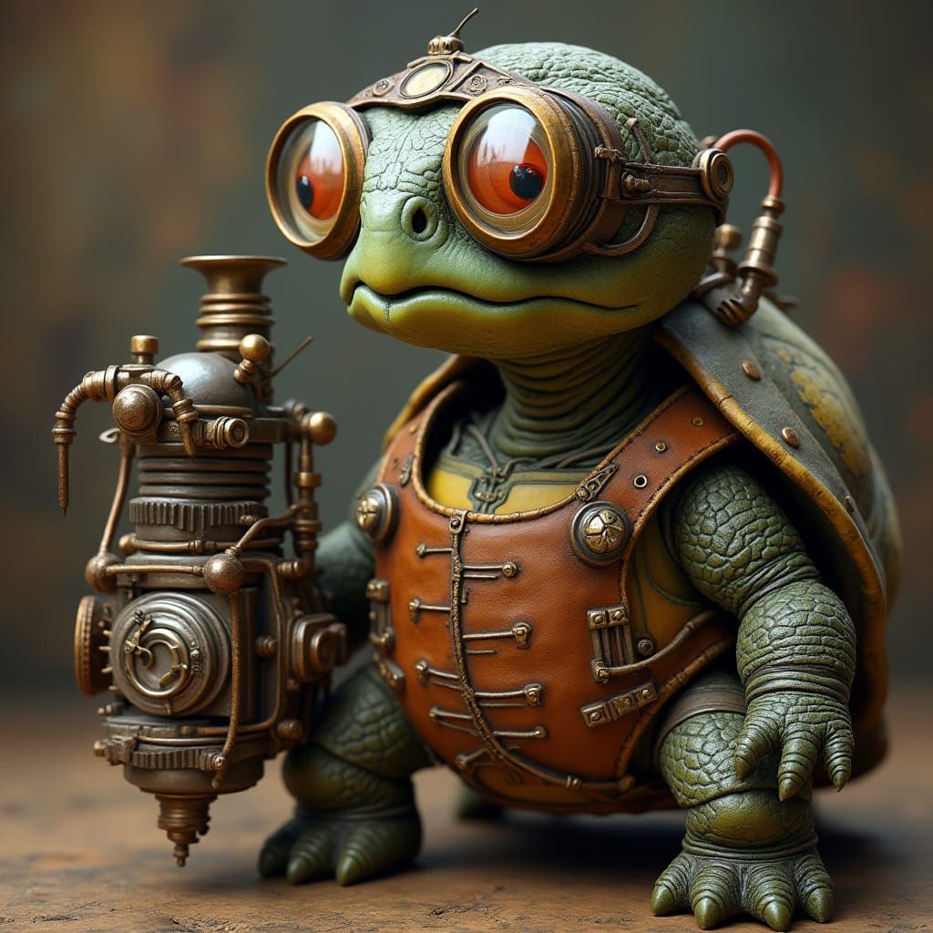 Steampunk Tortoise with Goggles and Brass Engine