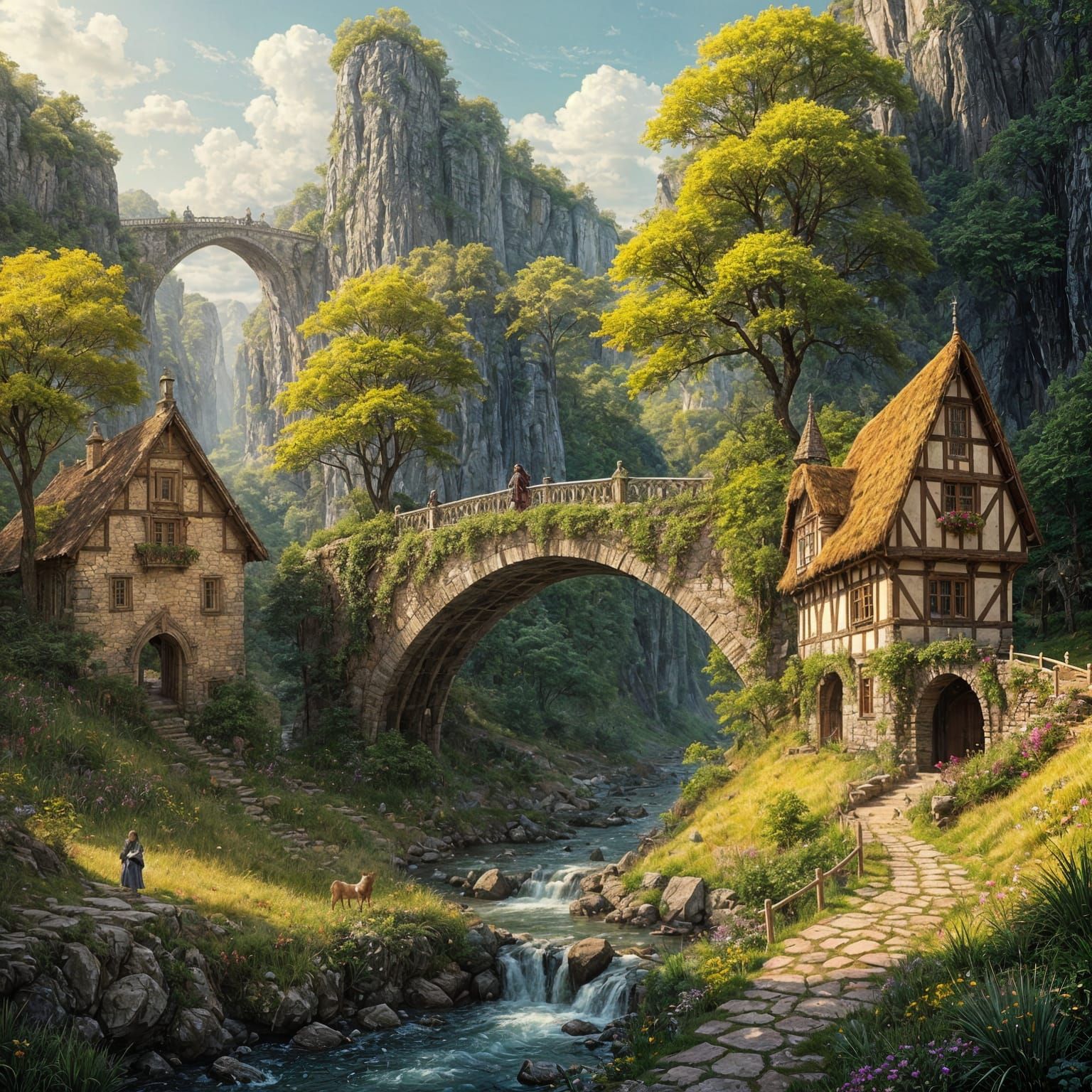 Gothic Stone Bridge Between Cliffs Painting