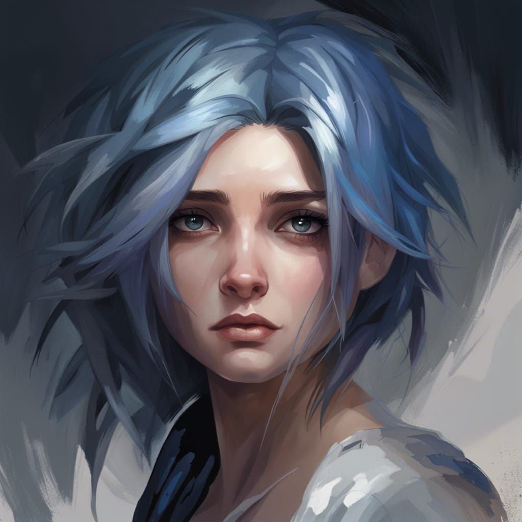 Melancholic Portrait with Black and Blue Hair