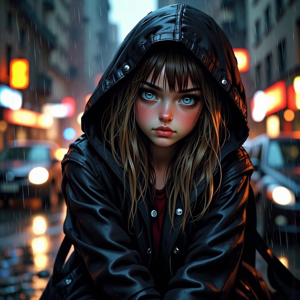 Woman with Hood in Rainy Cityscape