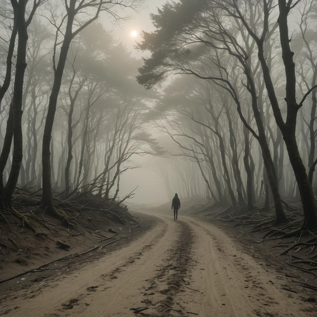 Cinematic Sunlit Vision on a Foggy Shore