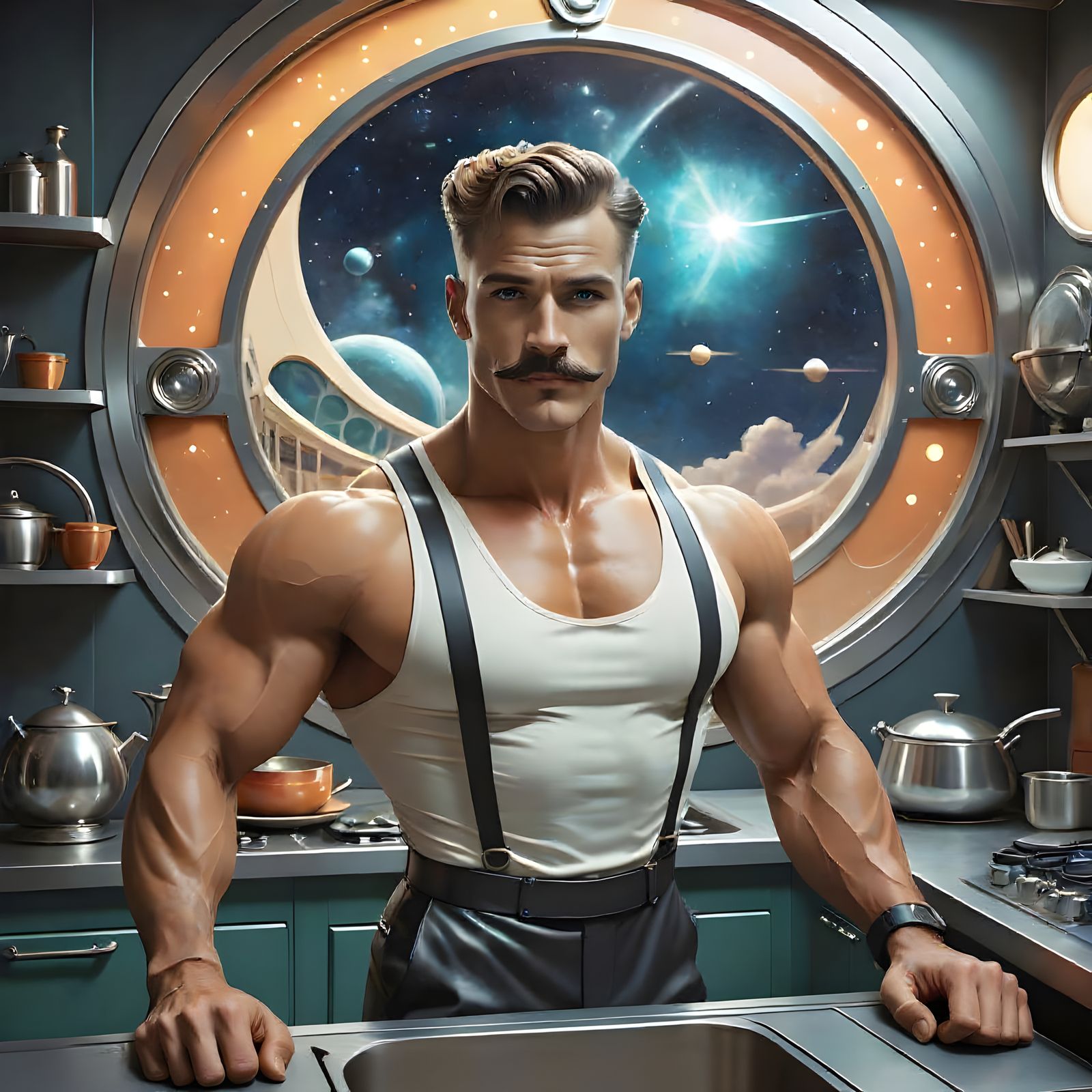 Retrofuturistic Muscular Man in Art Deco Kitchen