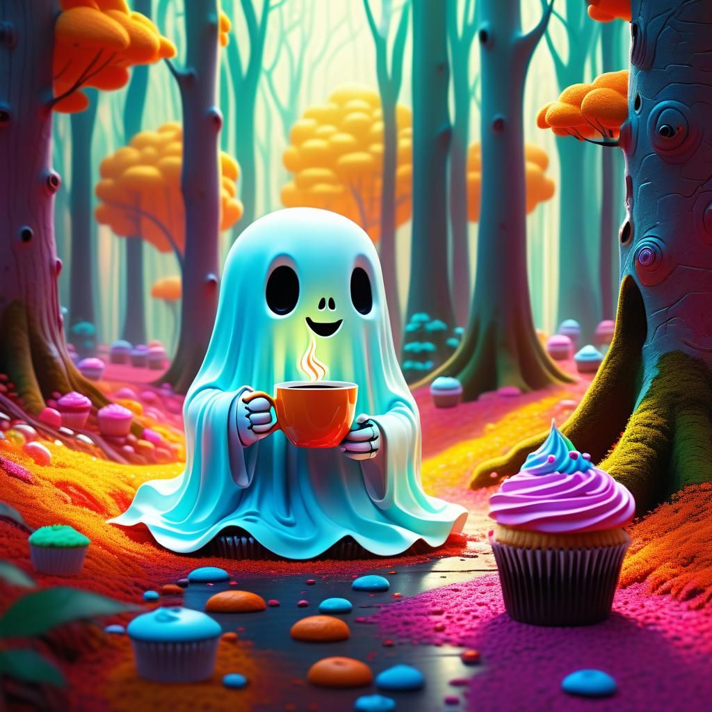 Cute Ghost with Coffee in Candy Art Style