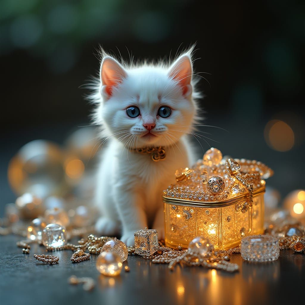 Gem-Adorned Ragdoll Kitten in Glowing Jewelry Box