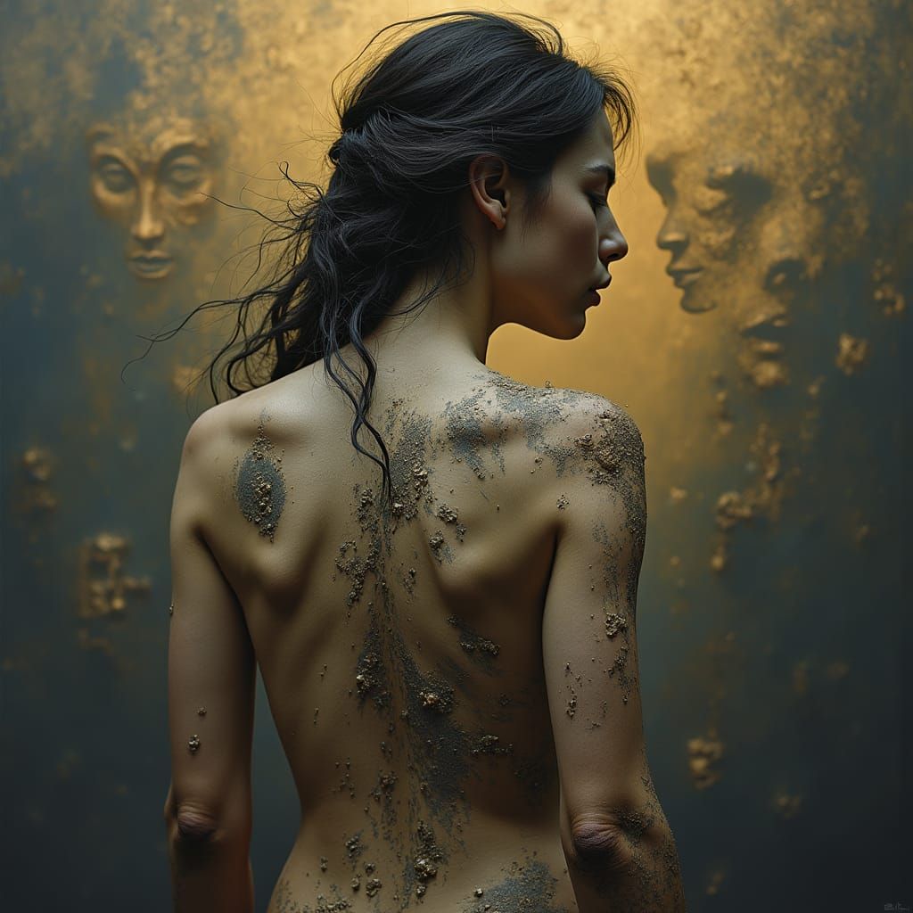 Figure with Cracked Skin Emitting Light