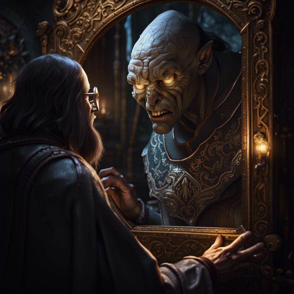 Alchemist and Monster Reflection in Dark Fantasy Style