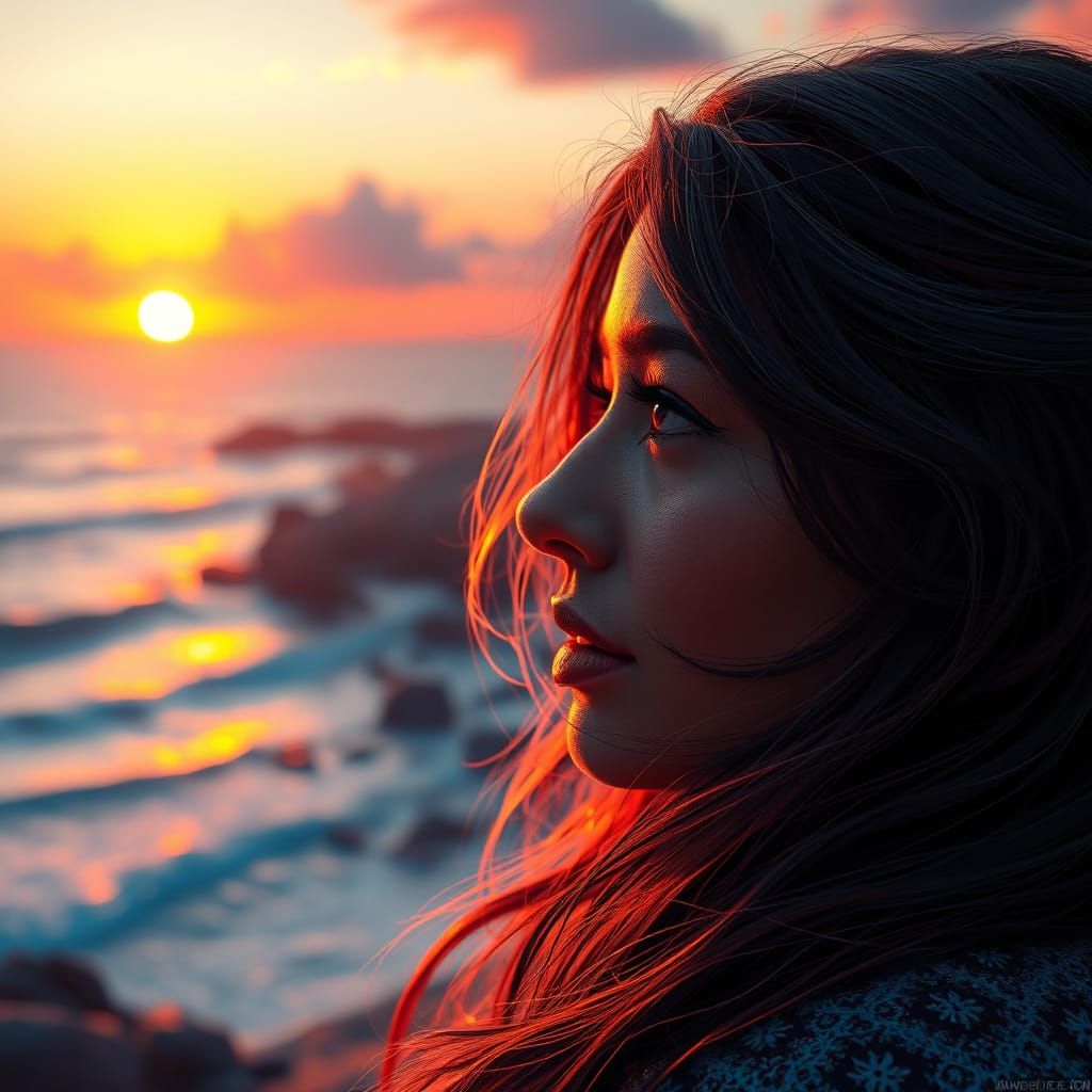 Serenely Gazing at Sunset Beach in Vibrant Dreamlike Style