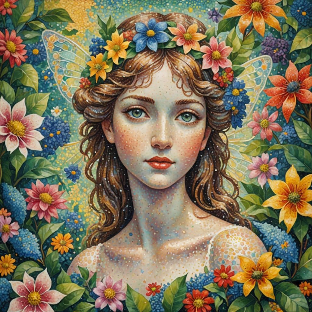 Pointillist Fairy Portrait in Vibrant Shimmering Colors