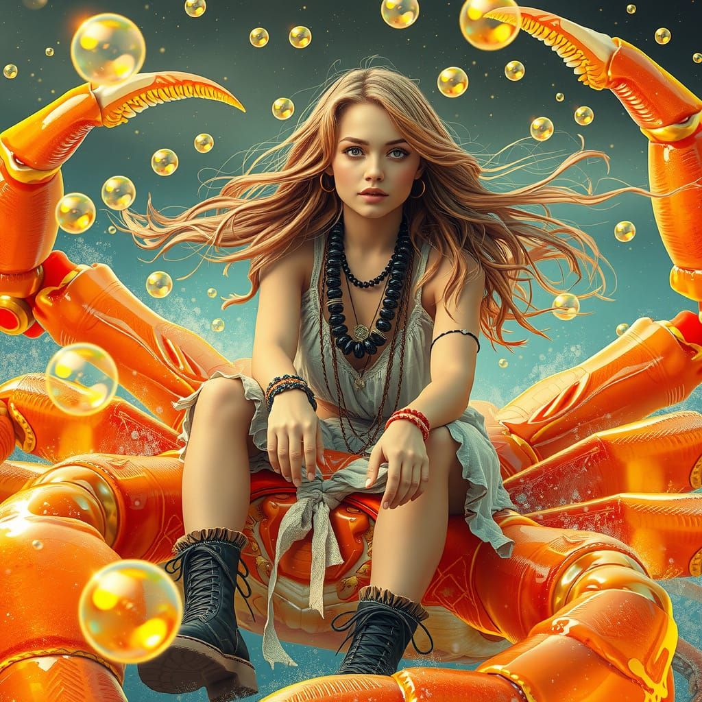 Bohemian Woman Riding Gummy Crab in Soda Sea