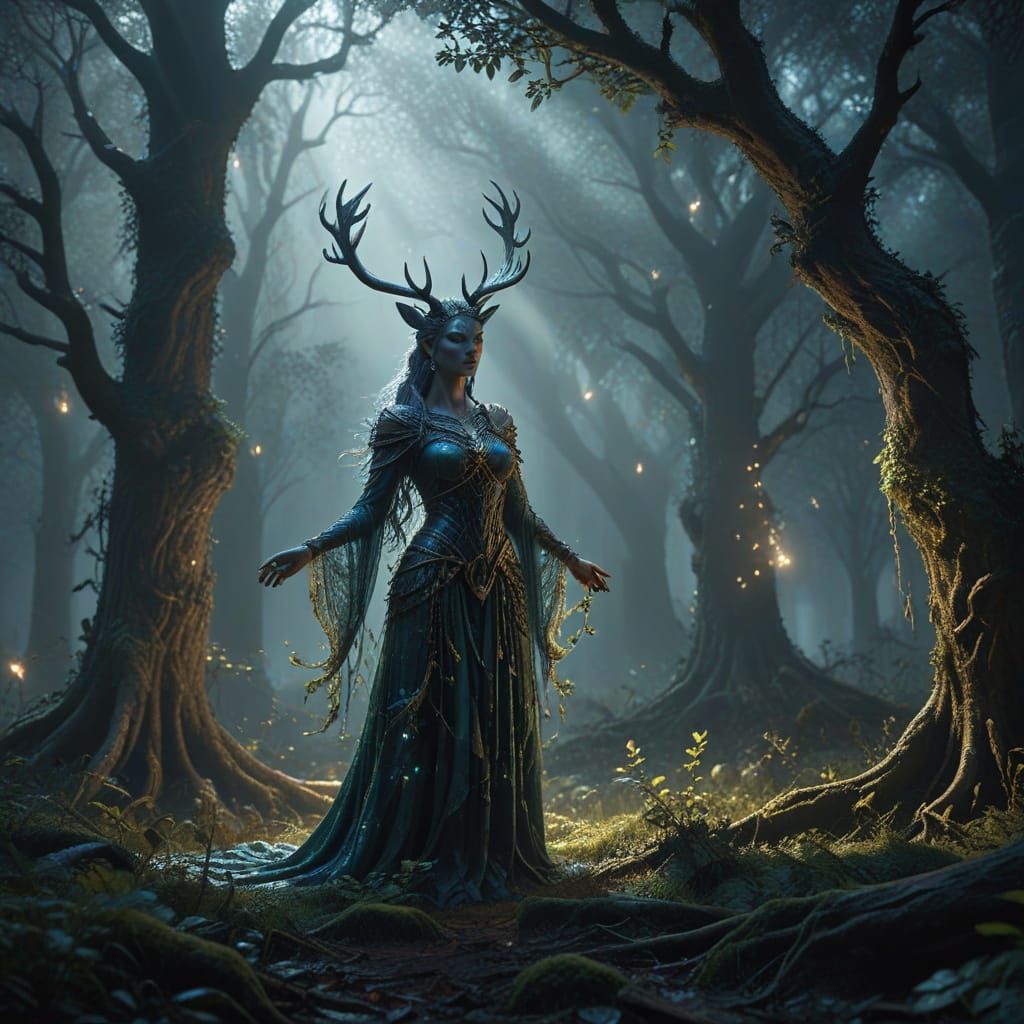 Druidess Beckons Ethereal Light Stag in Ancient Forest