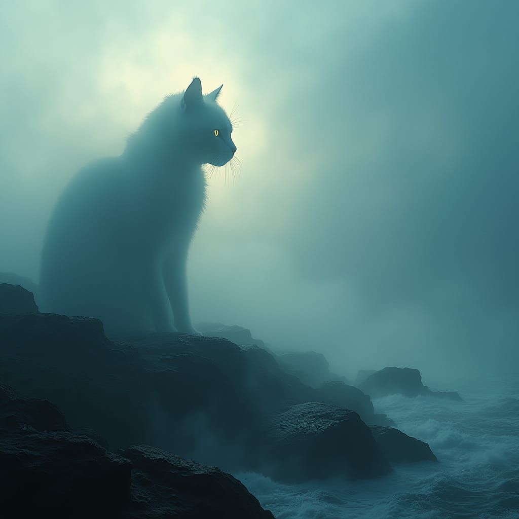 Ethereal Cat Emerges from Rocky Coast Fog