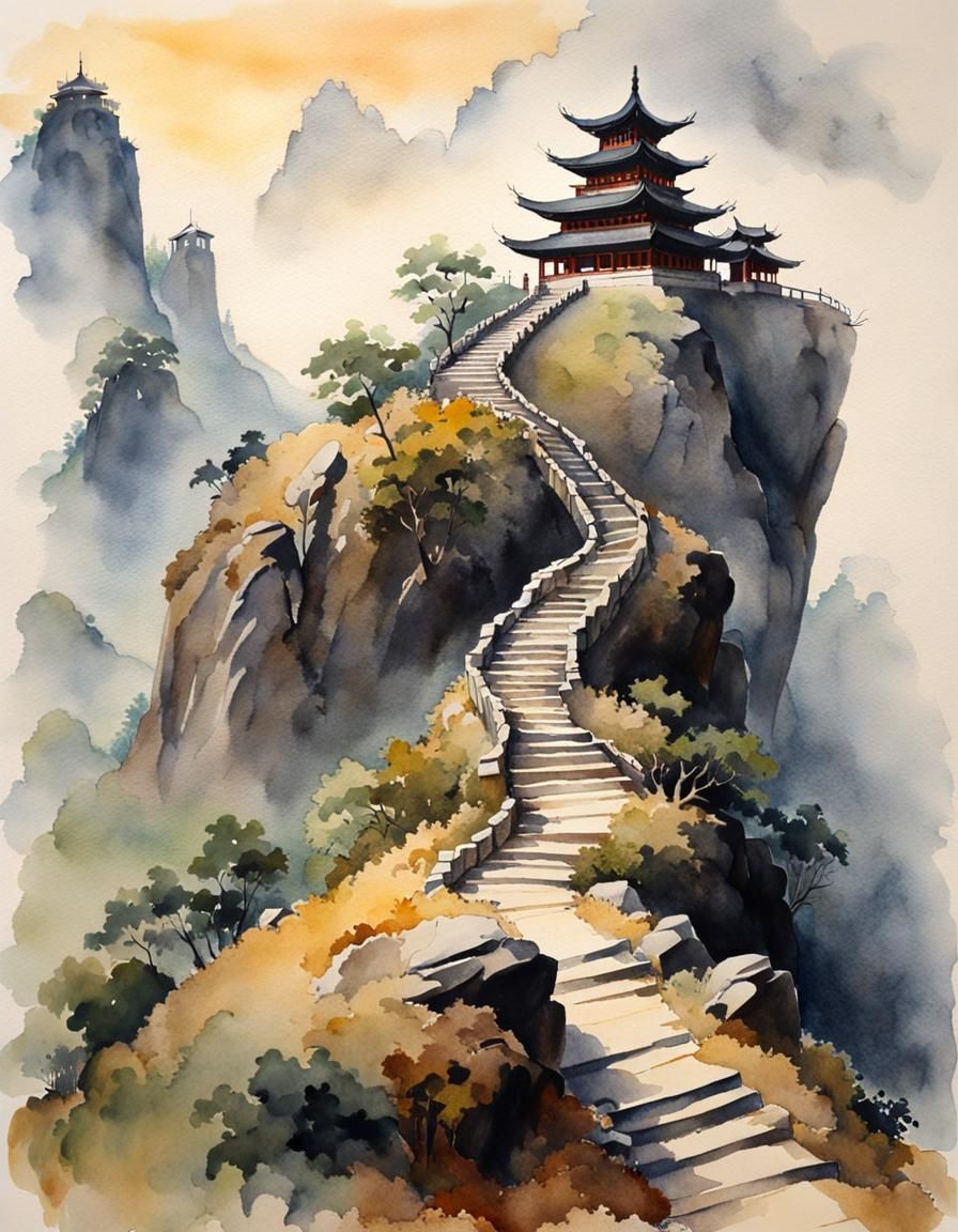Misty Path to Asian Altar: Watercolor Painting