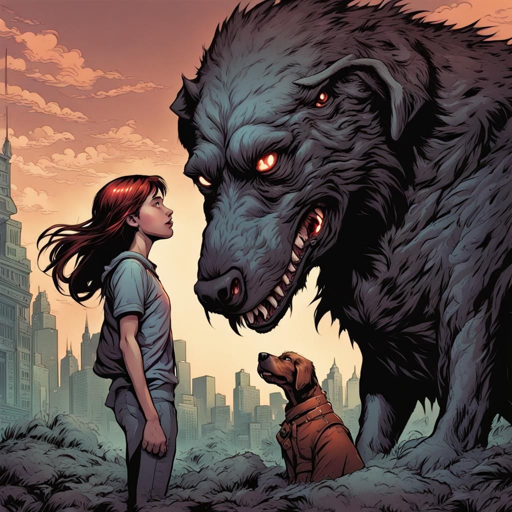Tomboy Girl Befriends Monster Hound in Comic Book Art
