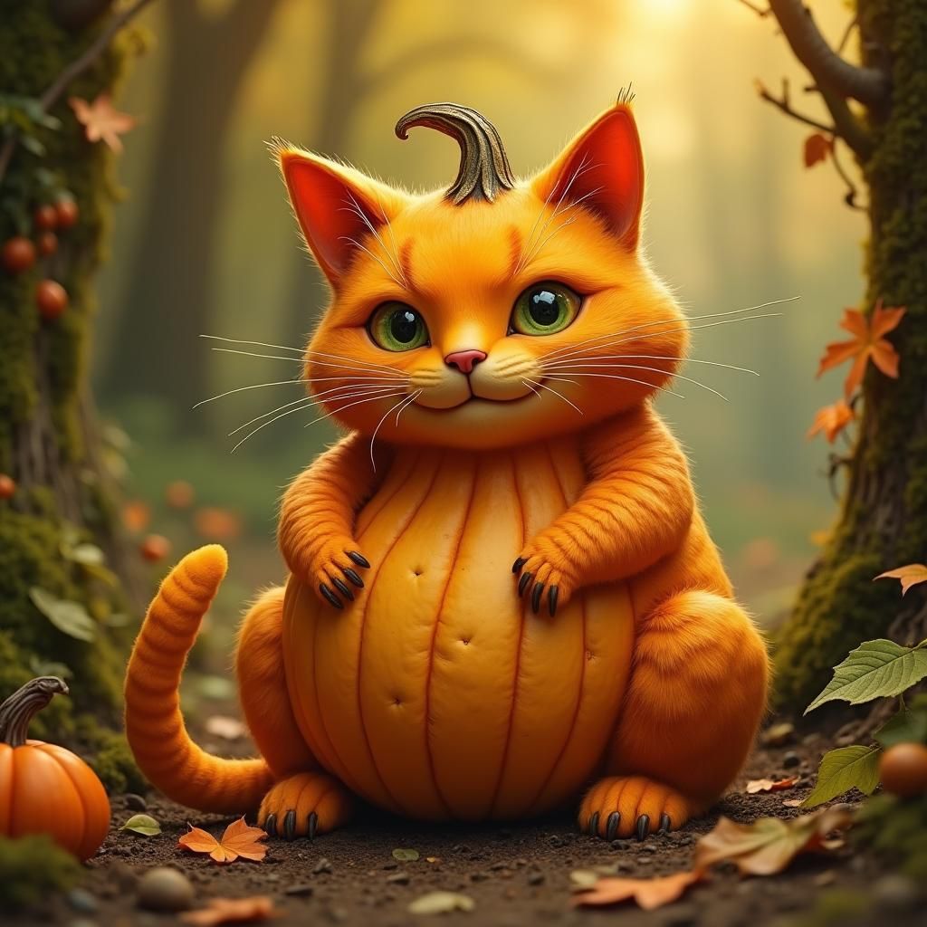 Whimsical Pumpkin Cat in Autumnal Setting