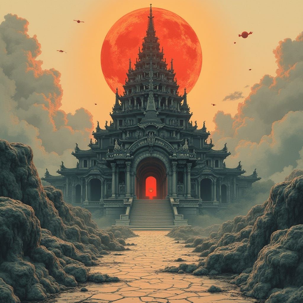 Occult Temple in Japanese Ink Painting Style