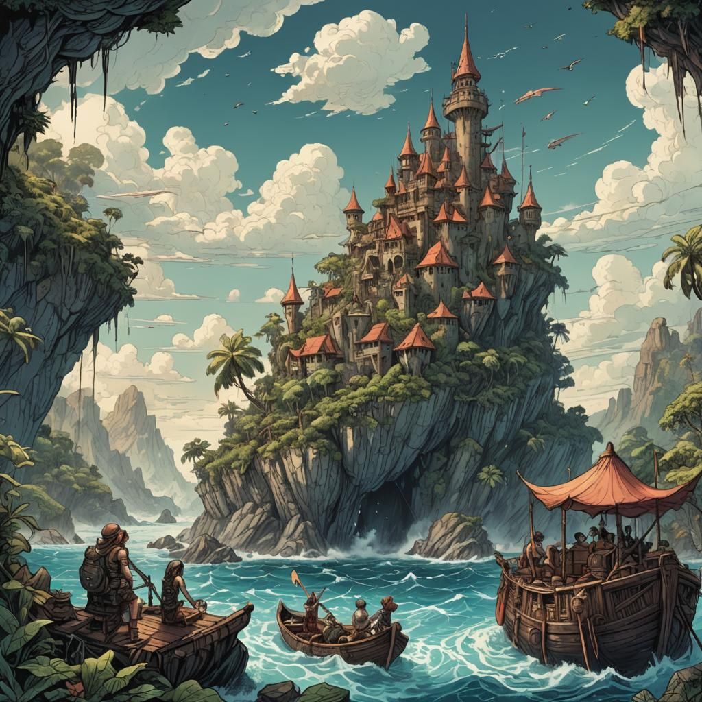 Tropical Island Raft Illustration in D&D Style