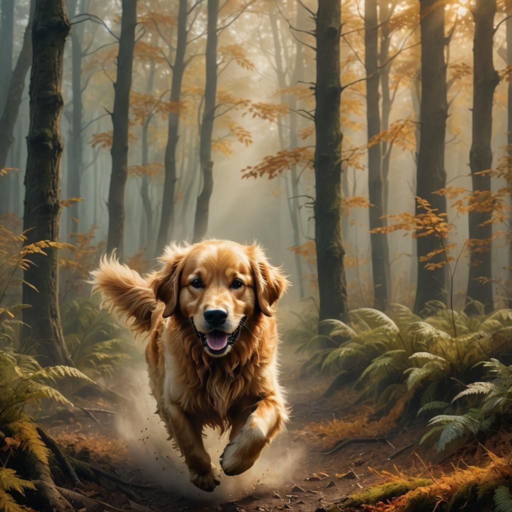 Golden Retriever in Misty Forest: Hyper-Realistic Oil Painti...