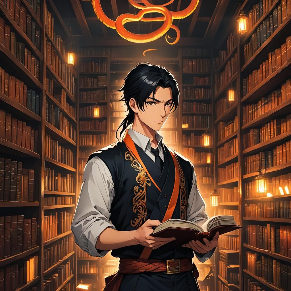Anime Man in Library: Manga Style Illustration