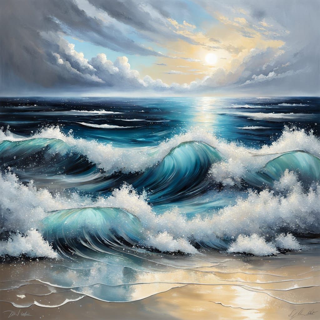 Sparkling Silver Seascape in Gelatin Paint Style