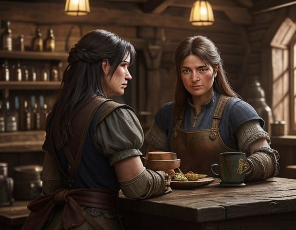 Two Blacksmiths Relaxing in a Gritty Fantasy Tavern
