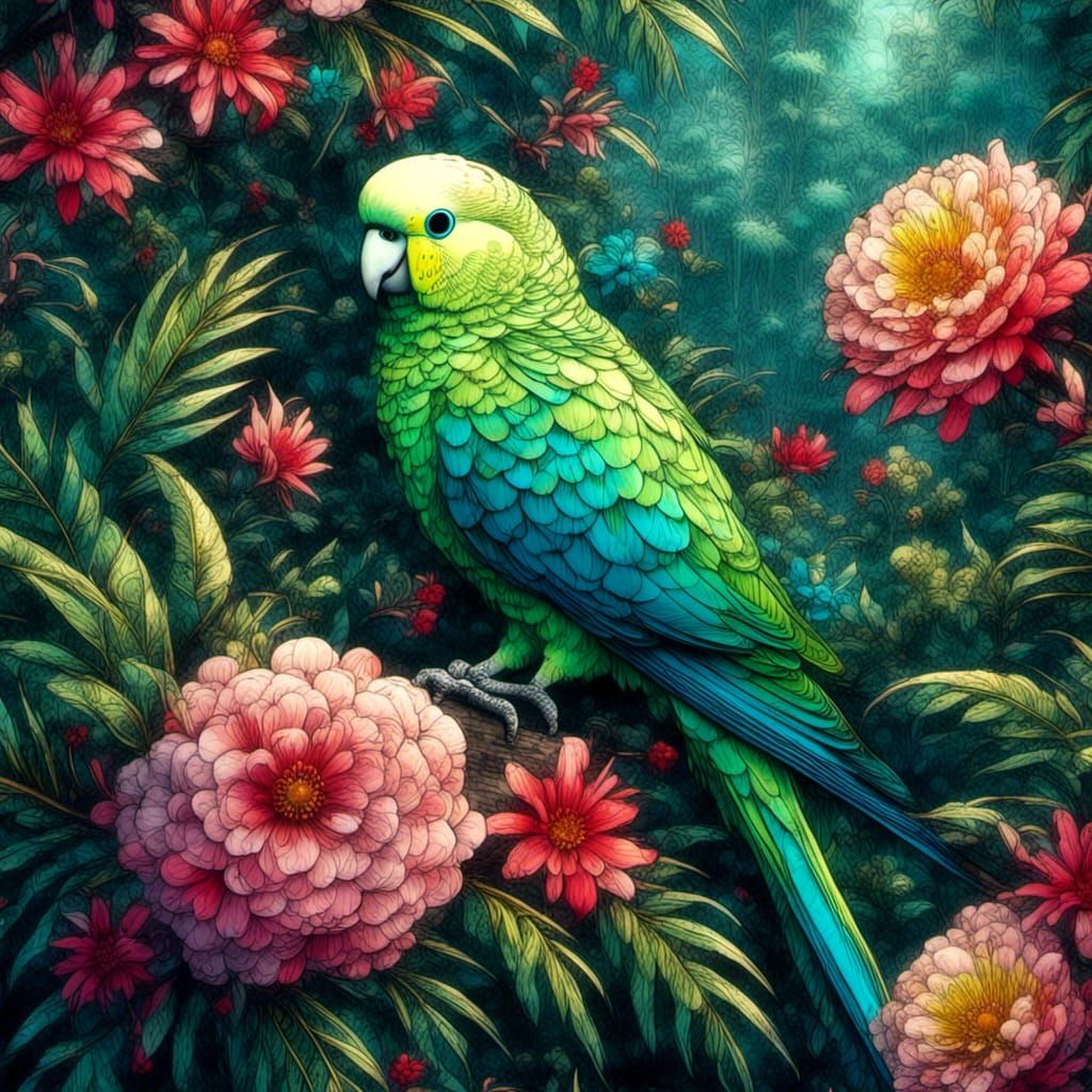 Stunning Parakeet in Tropical Jungle, Black Light Art