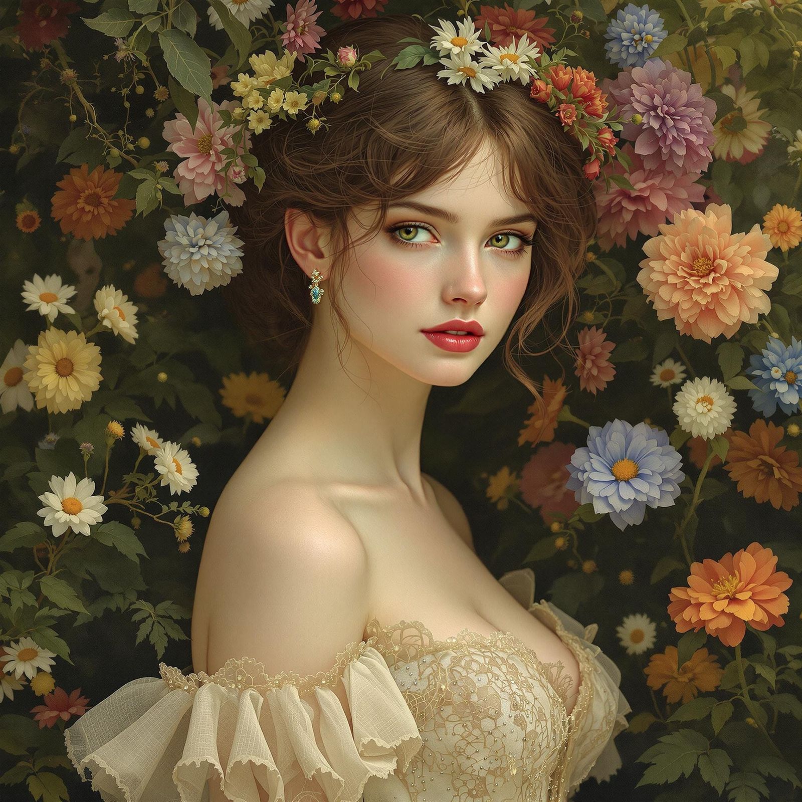 Elegant Woman in Lush Garden Scene in Pre Raphaelite Style