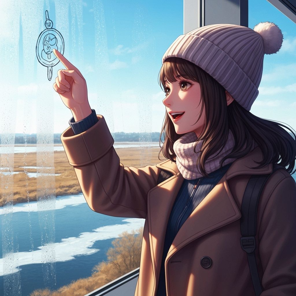 Happy Woman Draws on Frosted Window Overlooking Winter Lands...