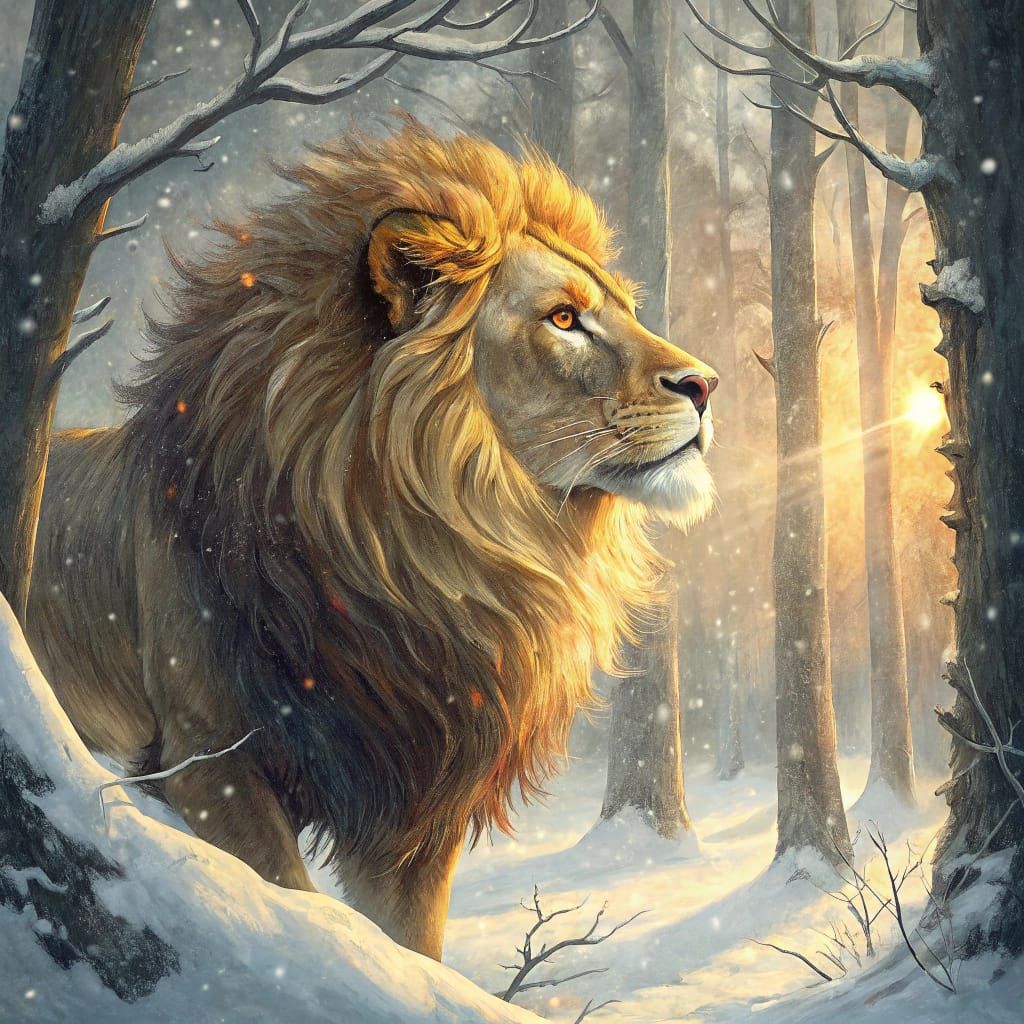 Regal Lion in Winter Wonderland