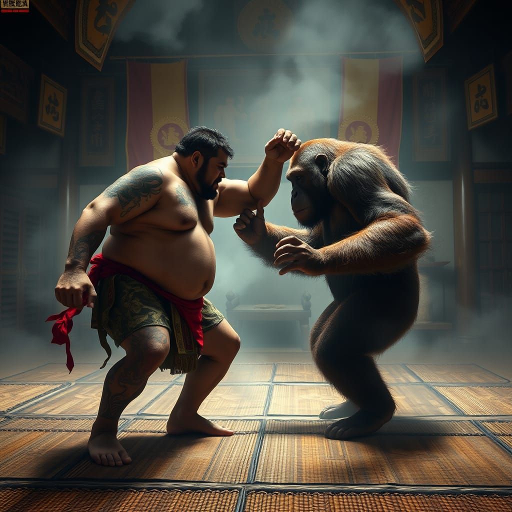 Sumotori Wrestler Battles Mythical Orangutan in Ancient Dojo