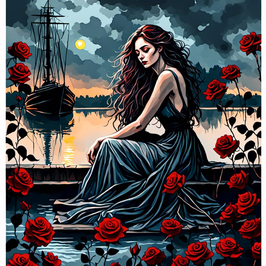 Watercolor Woman with Roses on Dock at Night