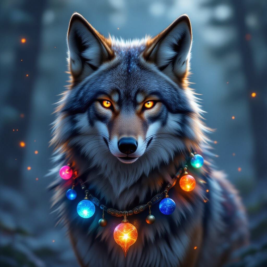 Brave Coyote with Elemental Galaxy Fur and Glowing Orb Neckl...