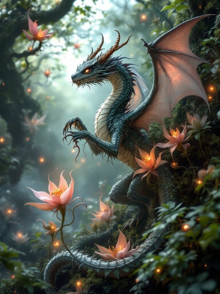 Eldritch Floral Dragon in Whimsical Darkness