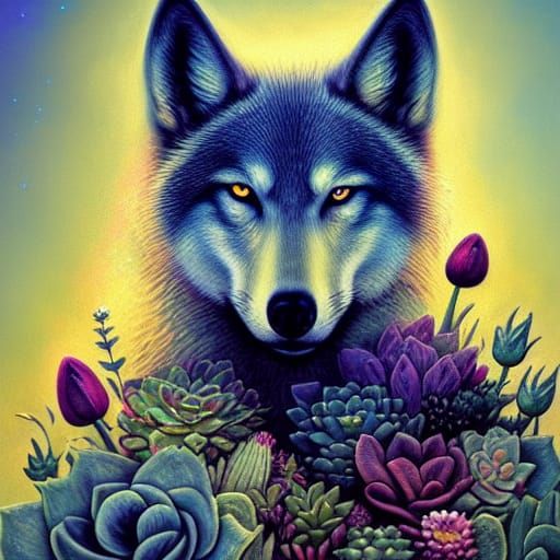 Whimsical Wolf with Glitter Gold and Flowers