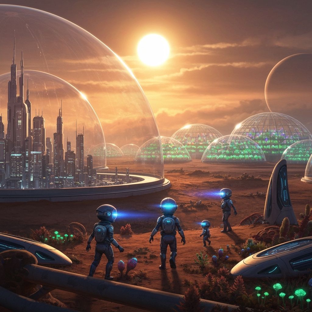 Futuristic Martian Cities Inside Glass Domes with Children i...