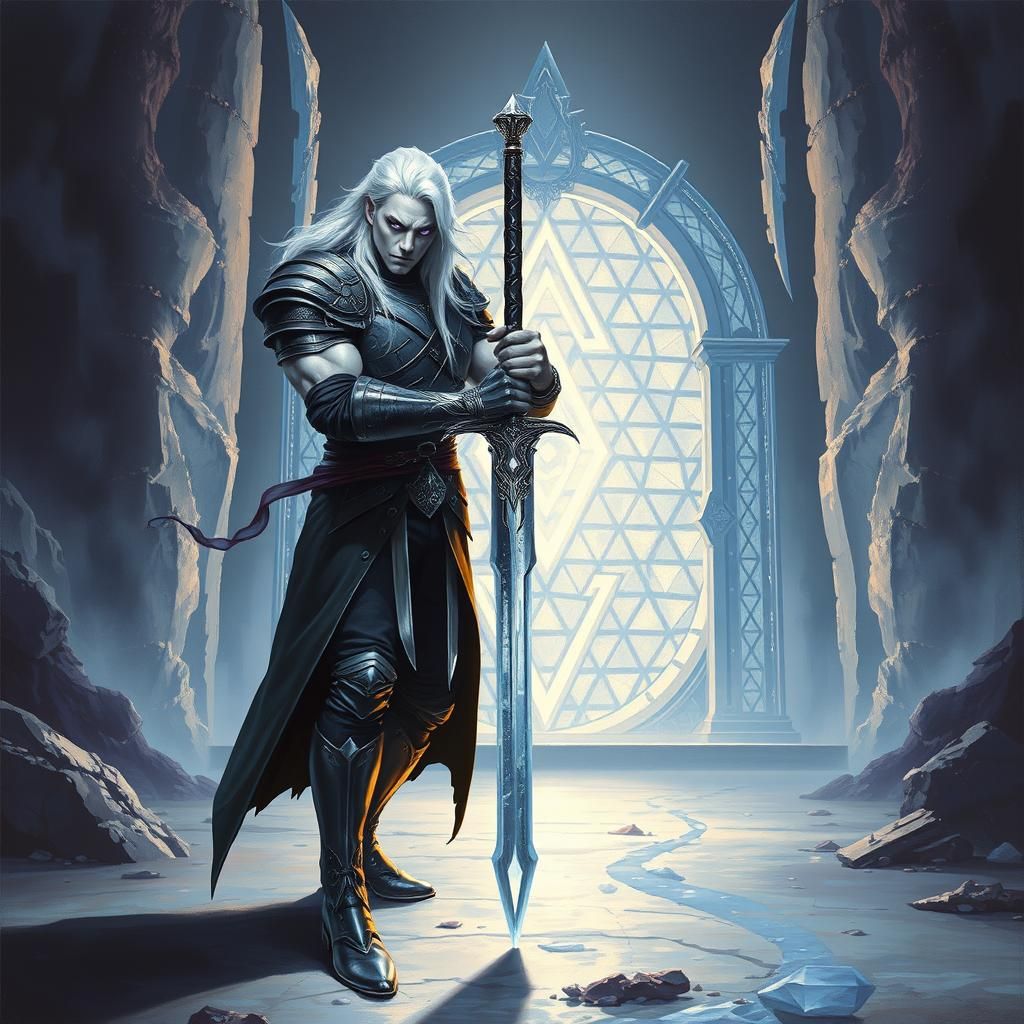 Icy Warrior Stabs Crystal Sword in Dark Fantasy World