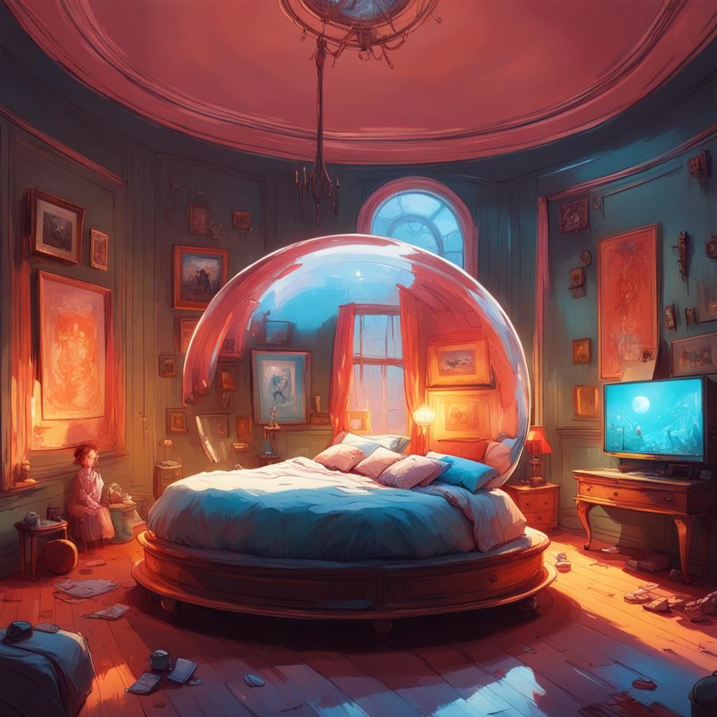 Adorable Glossy Bedroom Inside Glass Sphere, Digital Art