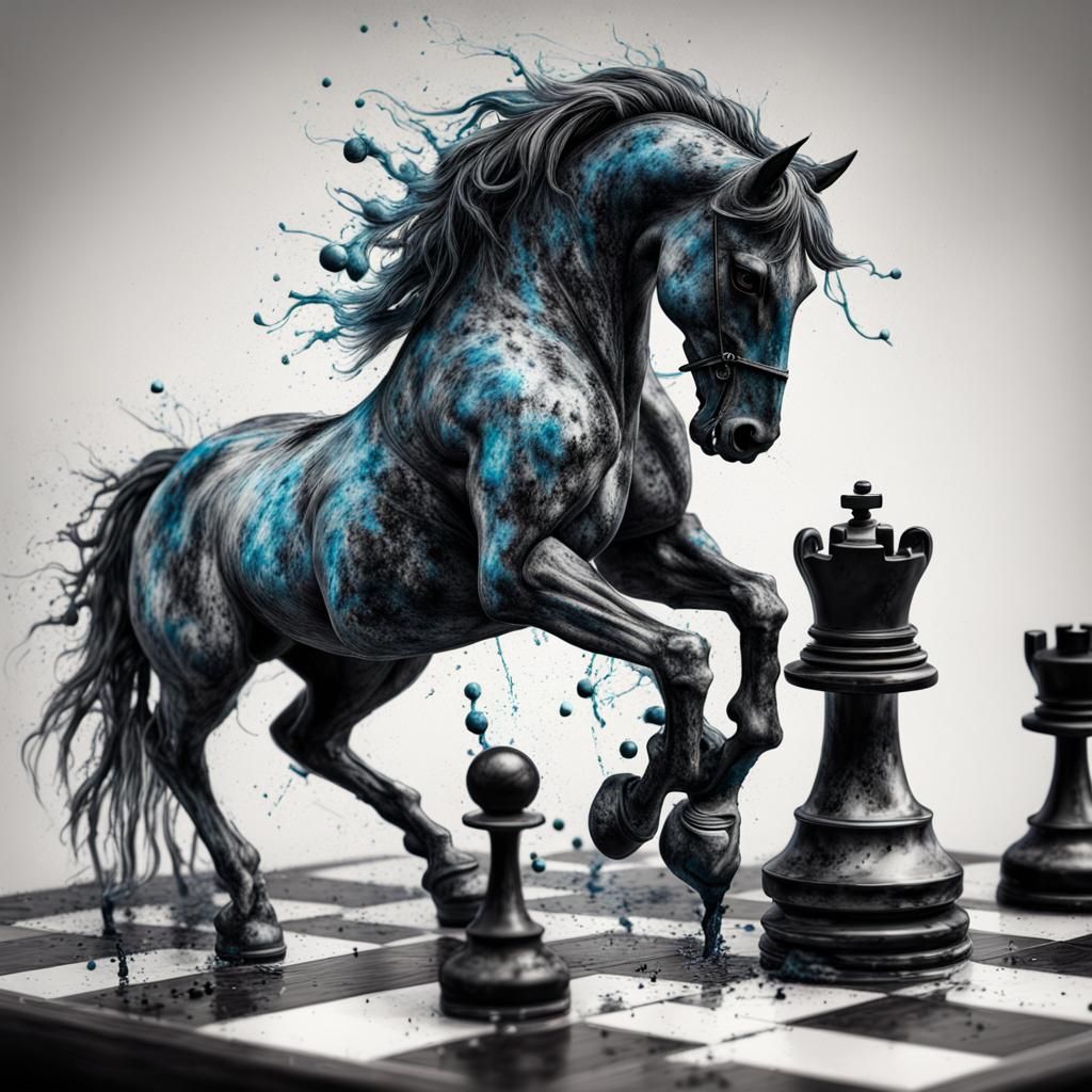 Photorealistic Chess Horse with Ink Splatter Details