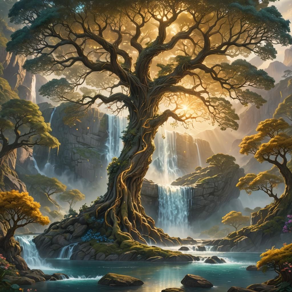 Waterfall Cascades from Tree of Life Yggdrasil