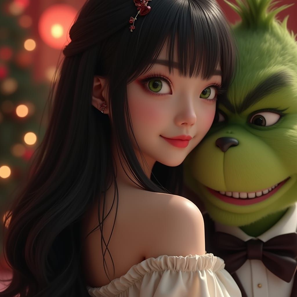 Japanese Woman and the Grinch: 3D Digital Art
