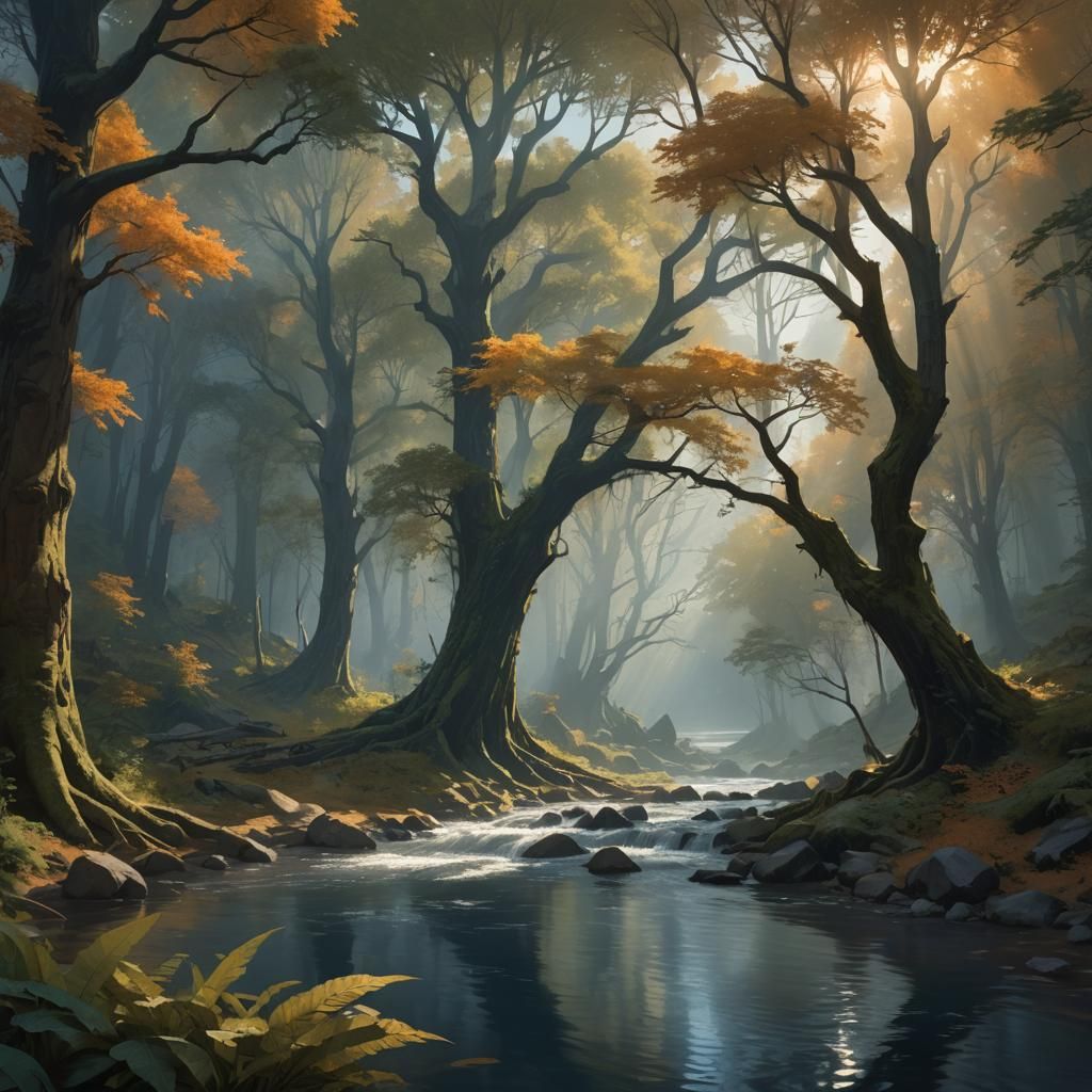 Forest River in Digital Matte Painting Style