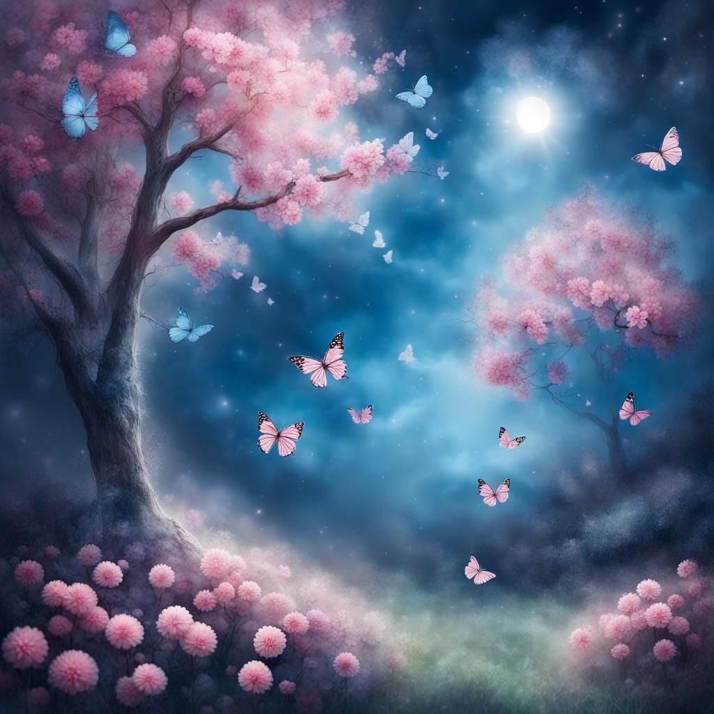 Moonlit Blue Trees with Butterflies and Flowers