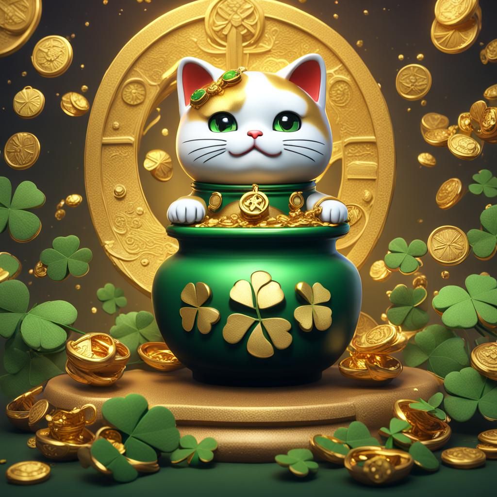 Lucky Cat with Clover and Gold Pot