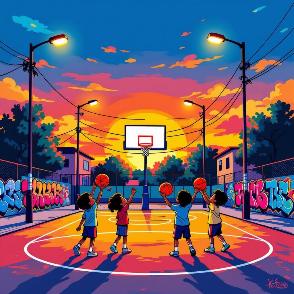 Vibrant Basketball Court Scene in Graffiti Art Style