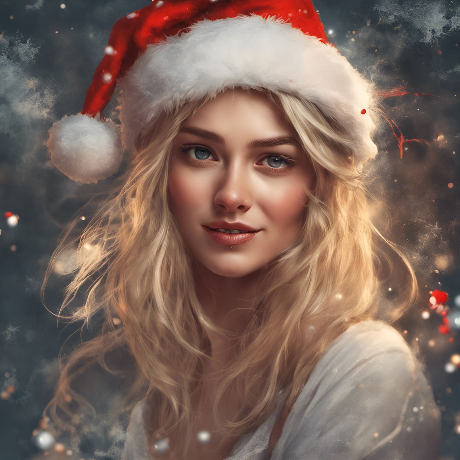 Blonde Woman in Santa Hat Digital Portrait