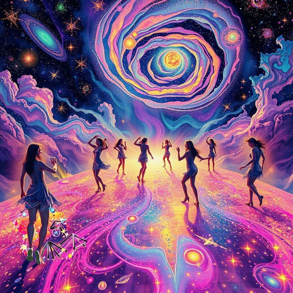 Ethereal Disco Dancers in Cosmic Holographic Dreamscape